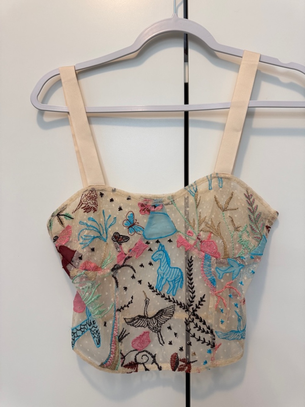 Zara Beige Embroidered Wildlife Crop Camisole with Multicolor Motifs
